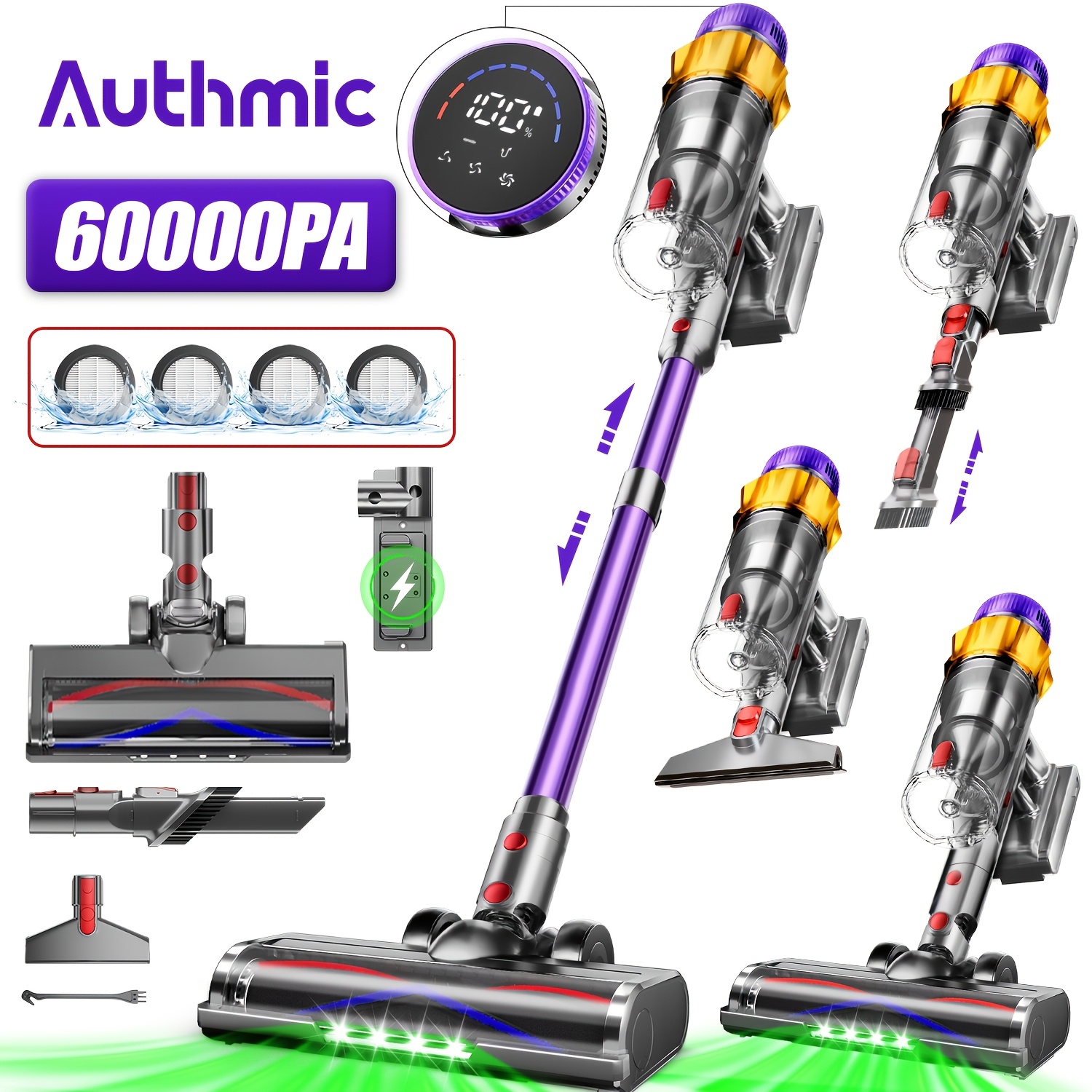 Image of Auhtmic Akku Vacuum Cleaner, 60000pa With Led Display, 70 Minutes , Cordless Vacuum Cleaner With 3x Hepa Filters, Suitable For Cleaning Computers, Pet Hair Vacuum Cleaner, Carpet.