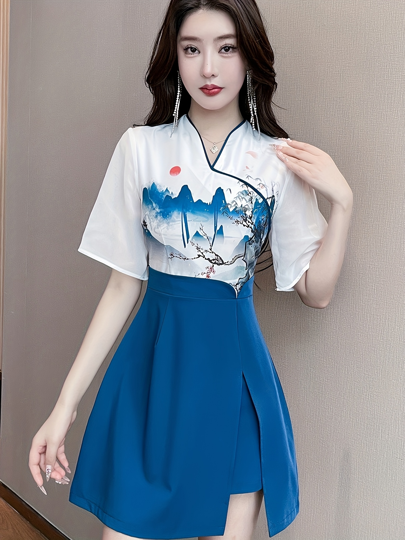 womens chinese qipao dresses elegant v neck floral like Temu Canada