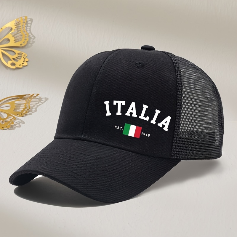 TEMU Casquette de baseball en avec imprimé latéral drapeau italien, dessus rigide, style , casquette d'été pour sports de , bord incurvé, chapeau de