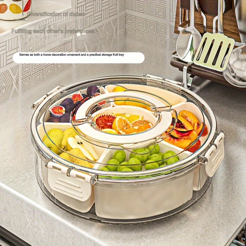 

Rotating Fruit Tray With Handle, 6-section Sealed Moisture-proof Storage Container, Portable Home Use Circular Snack Box With Lid, Uncharged High-index Plastic Multi-layer Dry Fruit Platter