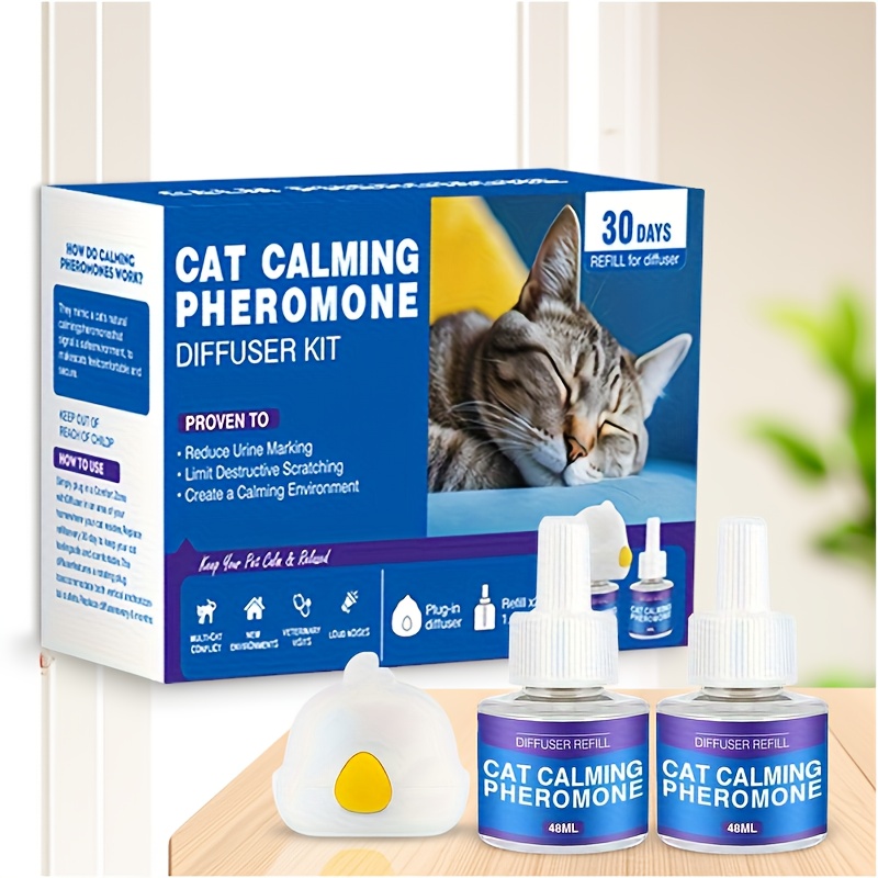 TEMU Calming Diffuser For Cats Combines 3 Functions In One, Providing Of Lasting Relief With 2 48ml Refills. Ideal For Soothing Your Pet During In Their Environment Or While Traveling