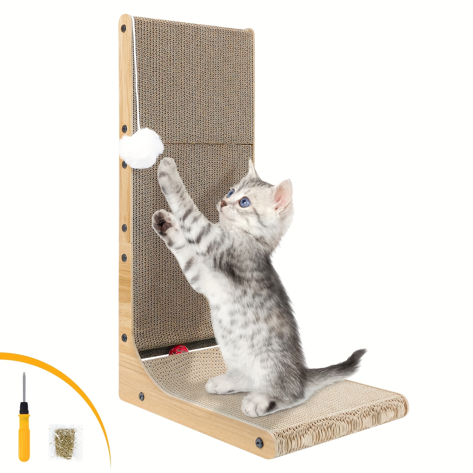 Image of L-shaped Cat Scratching Board 68cm Indoor Cat Toy With Ball Cat Wall Scratching Board