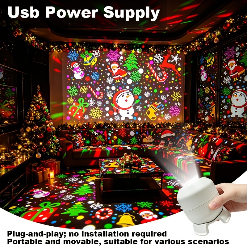 TEMU Lumière de projection décorative de Noël, lumière USB avec faisceau rotatif à 360°, fonctionnement Plug And Play, multiples de projection de