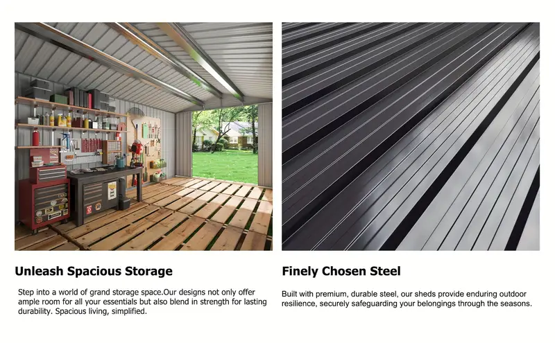 10 x 14 ft outdoor storage shed metal garden shed featuring an frame structure tool shed garden patio or lawn and with a stylish white top Product details 1