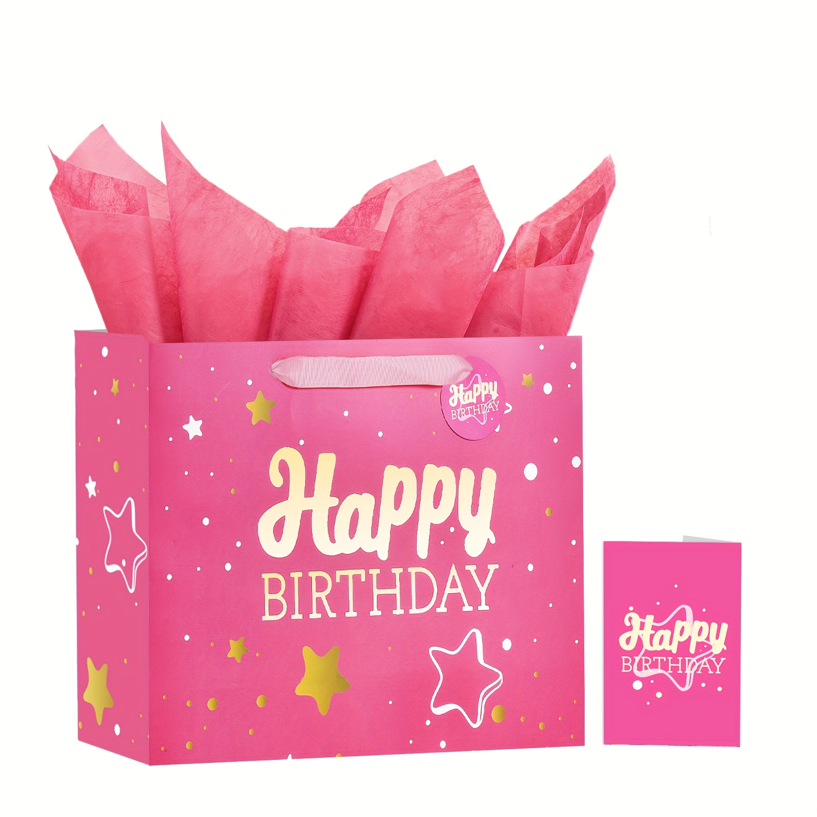 1pc Pink Happy Birthday Gift Bag, With Tissue Paper And Greeting Card, For Birthday, Party, Happy Birthday Gift Bag, Suitable For Women's Birthday, 13-inch Gift Bag Medium Size, Halloween