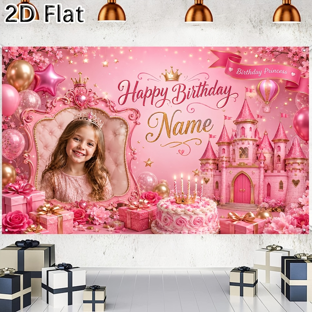 TEMU 2d Flat - 1pc 2d Flat Personalized Custom Name Birthday Backdrop Banner For Castle Themed Happy Birthday Party Photo Booth Decoration