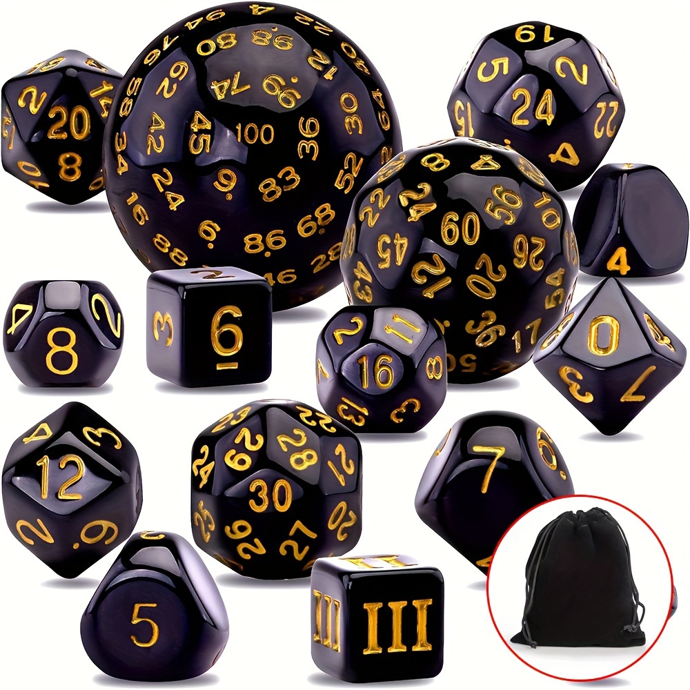 

15pcs Esanda Polyhedral Dice Set For And Rpgs, Black With Yellow Numbers, Includes Drawstring Bag - Acrylic, Easy-to-read Golden-white Text, Gaming Accessories|elegant Dice Design|golden Dice