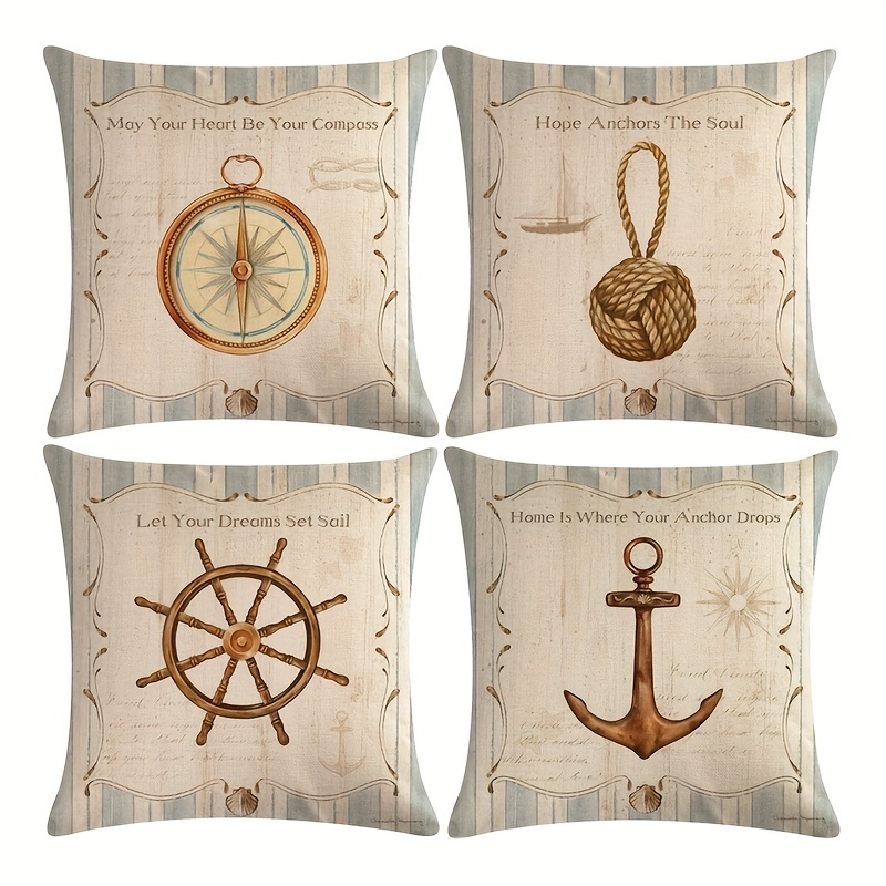 

4pcs, 17.7x 17.7 Inch Summer Navigation Theme Throw Pillow Cases,anchor Compass Rope Rudder Cushion Covers For Couch Sofa Patio Garden Furniture,home Outdoor Safa Couch Cushion Covers For Decorations