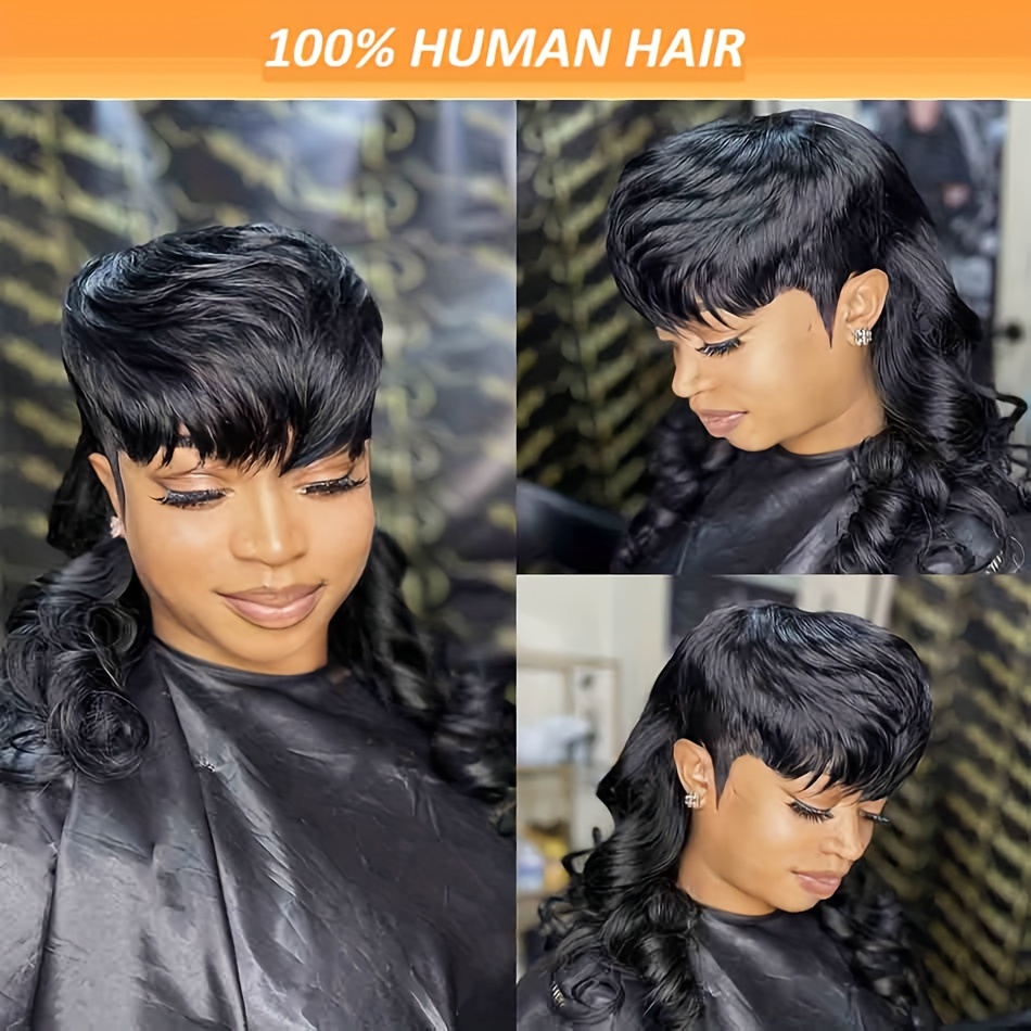 

Chic 8-inch Short Wolf Tail Fake Mullet Wigs With Bangs For Women, 180% Brazilian Human Hair, Mullet Head Wig, Loose Wave Style, Non Lace Cap, Suit For Party Cosplay & & Halloween