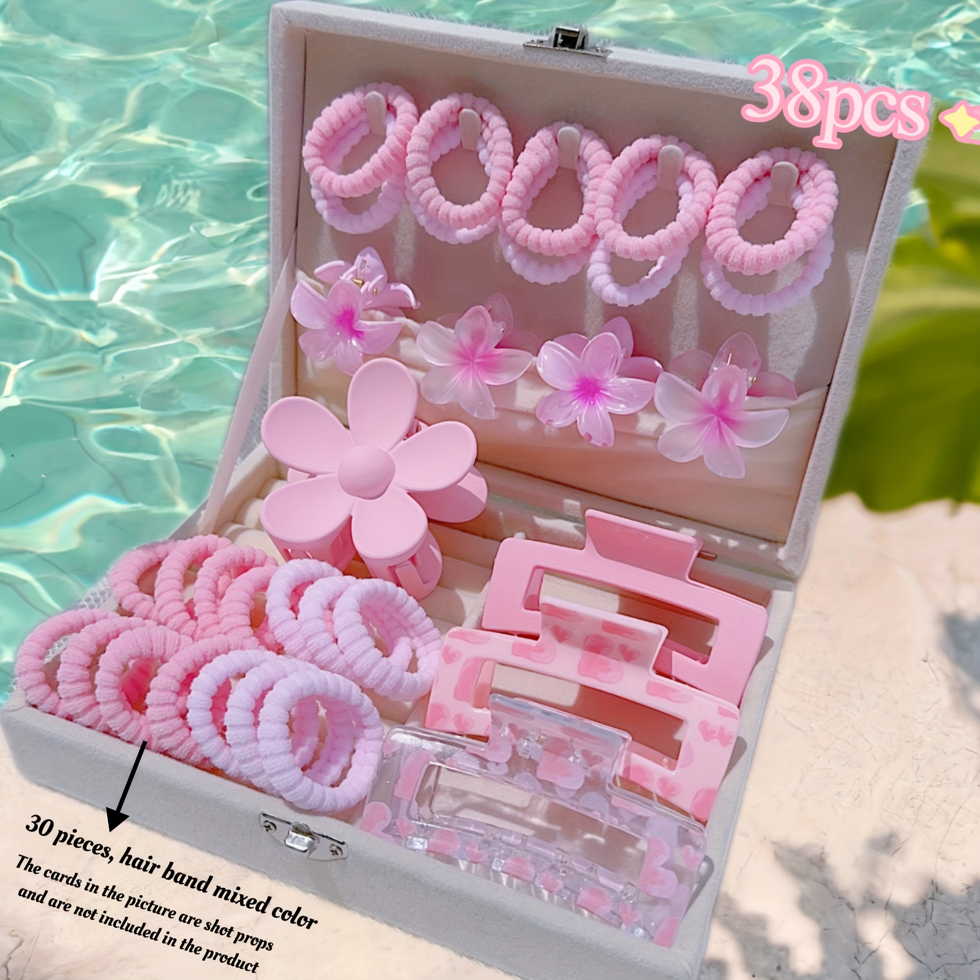 E-shop 4/6/34/38-teiliges Styling-Tool-Set mit rosa Herzdruck, Haarspange, mattes Frangipani, niedliche Haarspange, rosa, niedliche elastische