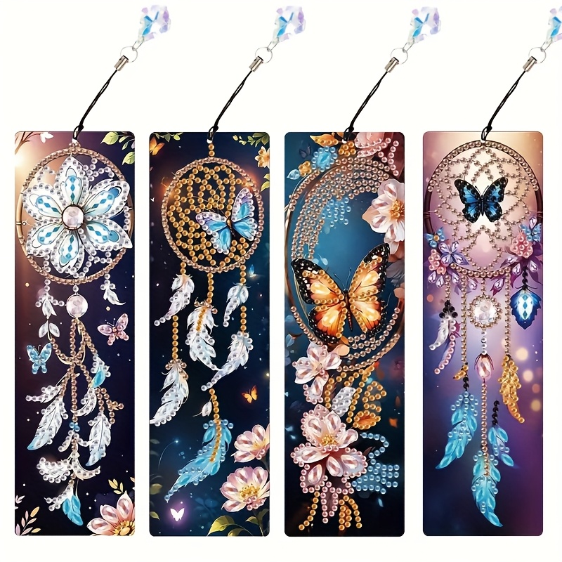 E-shop 4-teiliges Set Schmetterling-Traumfänger Art Malerei Lesezeichen-Set, Kristall-Strass-Steine-Kunst-Geschenk mit Anhänger, glänzende DIY