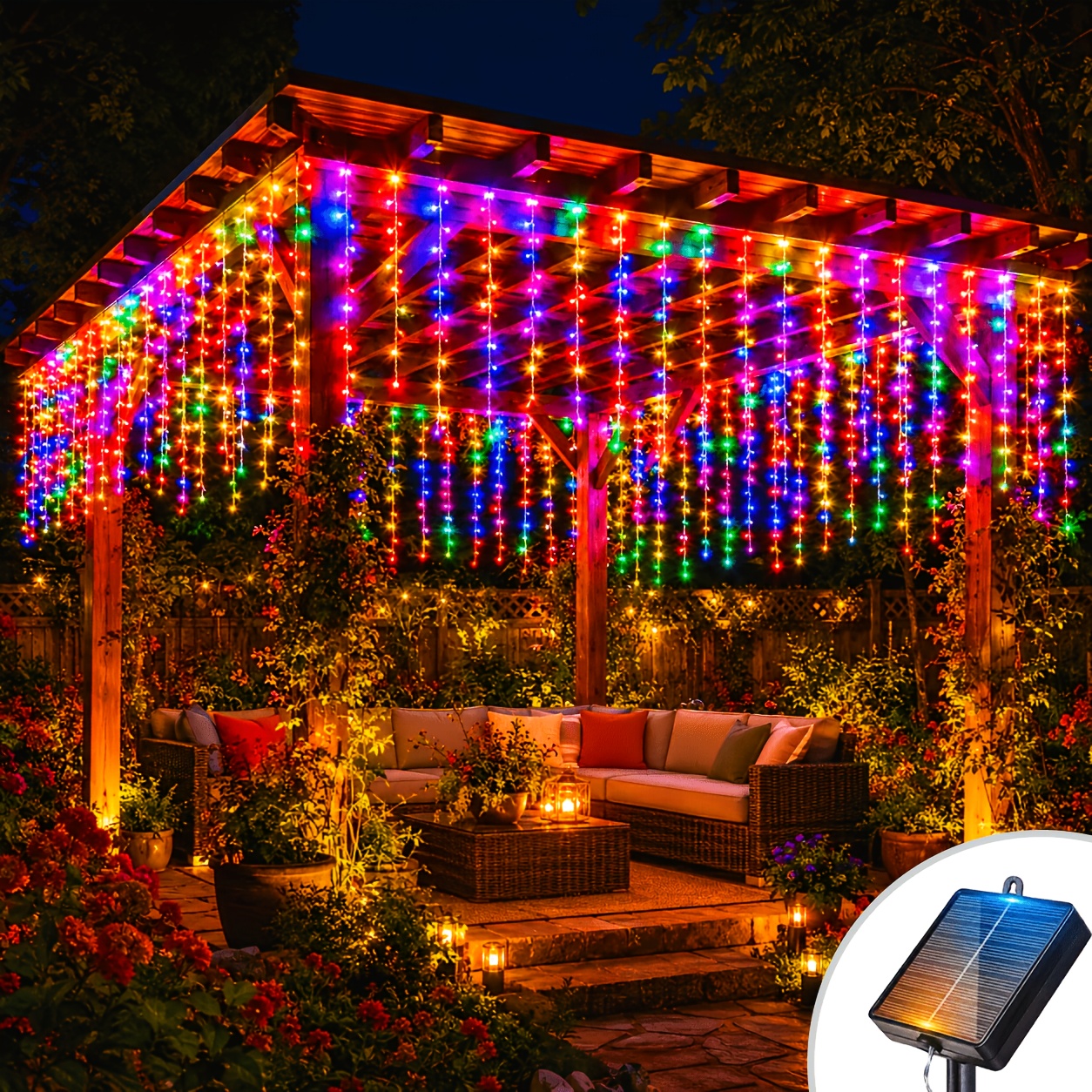TEMU 196/106led Solar Outdoor Hanging Waterfall Lights, Bright Fairy Icicle Lights With 8 Lighting Modes, Ipx4 For Yard Fence Balcony Garden Party