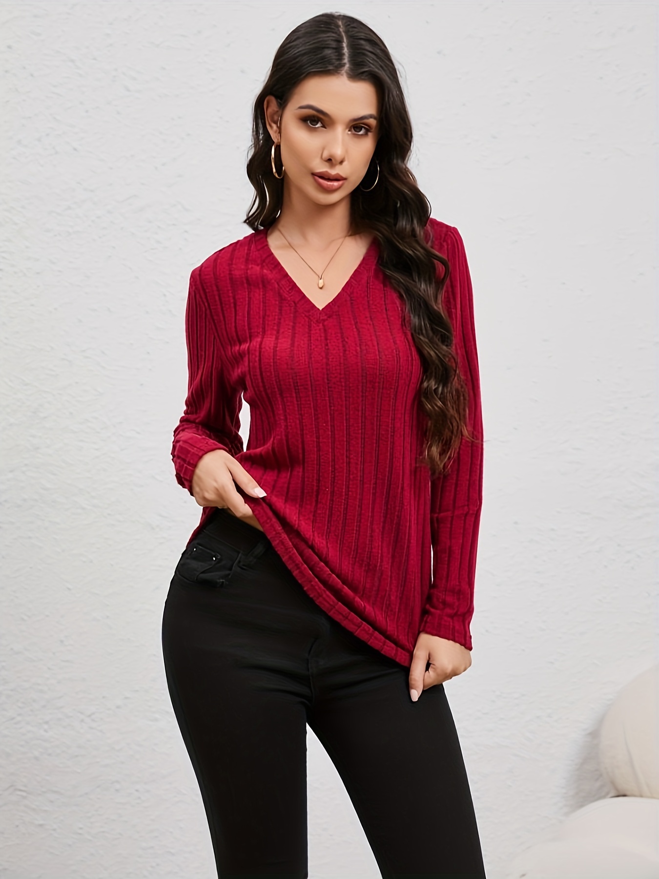 Pull Col V élégant Pour Femme - Maille Douce Extensible Automne-hiver, Décontracté Et Chaud - 4