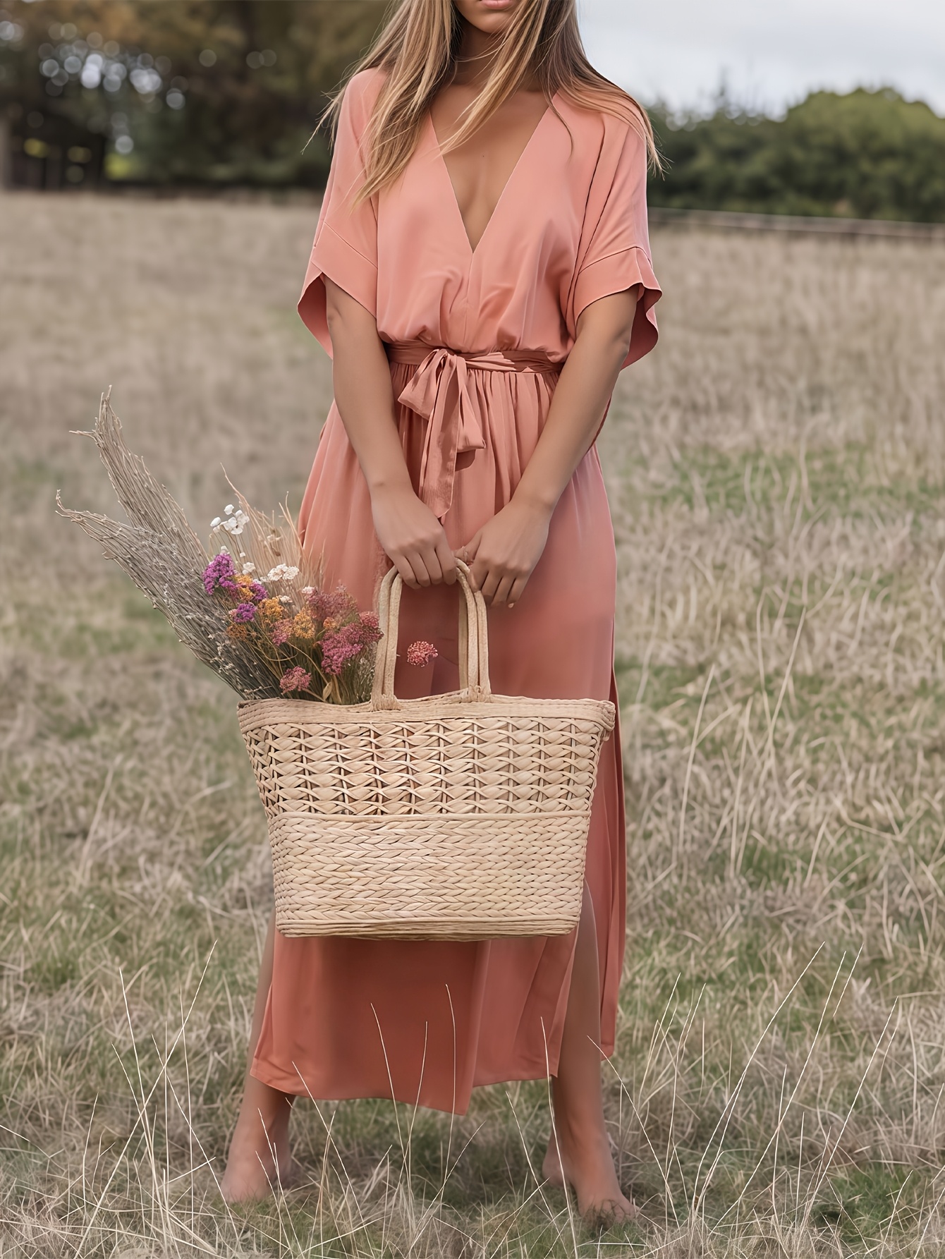 knee length dresses for ladies Orange Peach Floral Linen Blend Maxi Dress - All Dresses main image 0