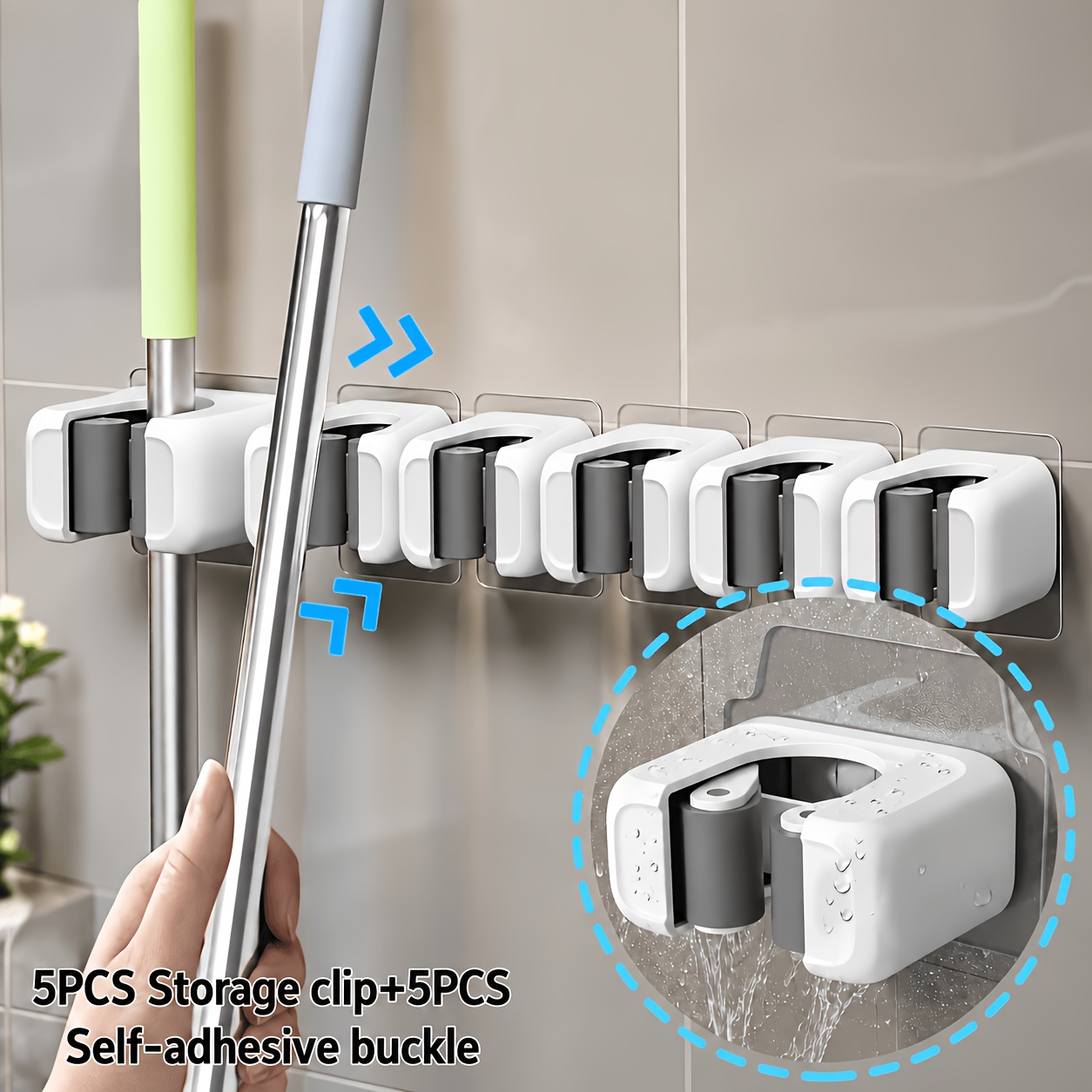 TEMU 10pcs No-drill Self-adhesive Wall-mounted Mop And Broom Holder (5 Storage Clips + 5 Self-adhesive Hooks), White Durable Plastic Heavy-duty