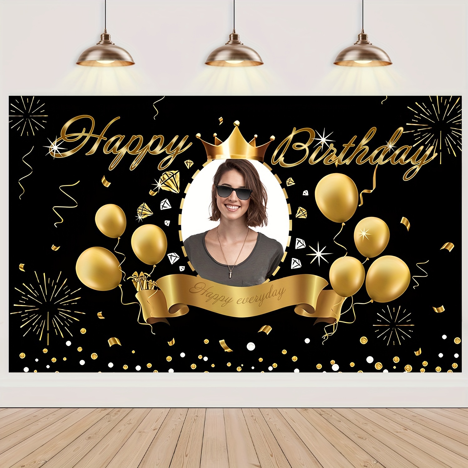 

Custom Happy Birthday Banner - Personalize With Your Photo, Black & Golden, 41.7x70.8" - Front Porch Decor, Indoor/outdoor Celebrations, And Party Backdrop