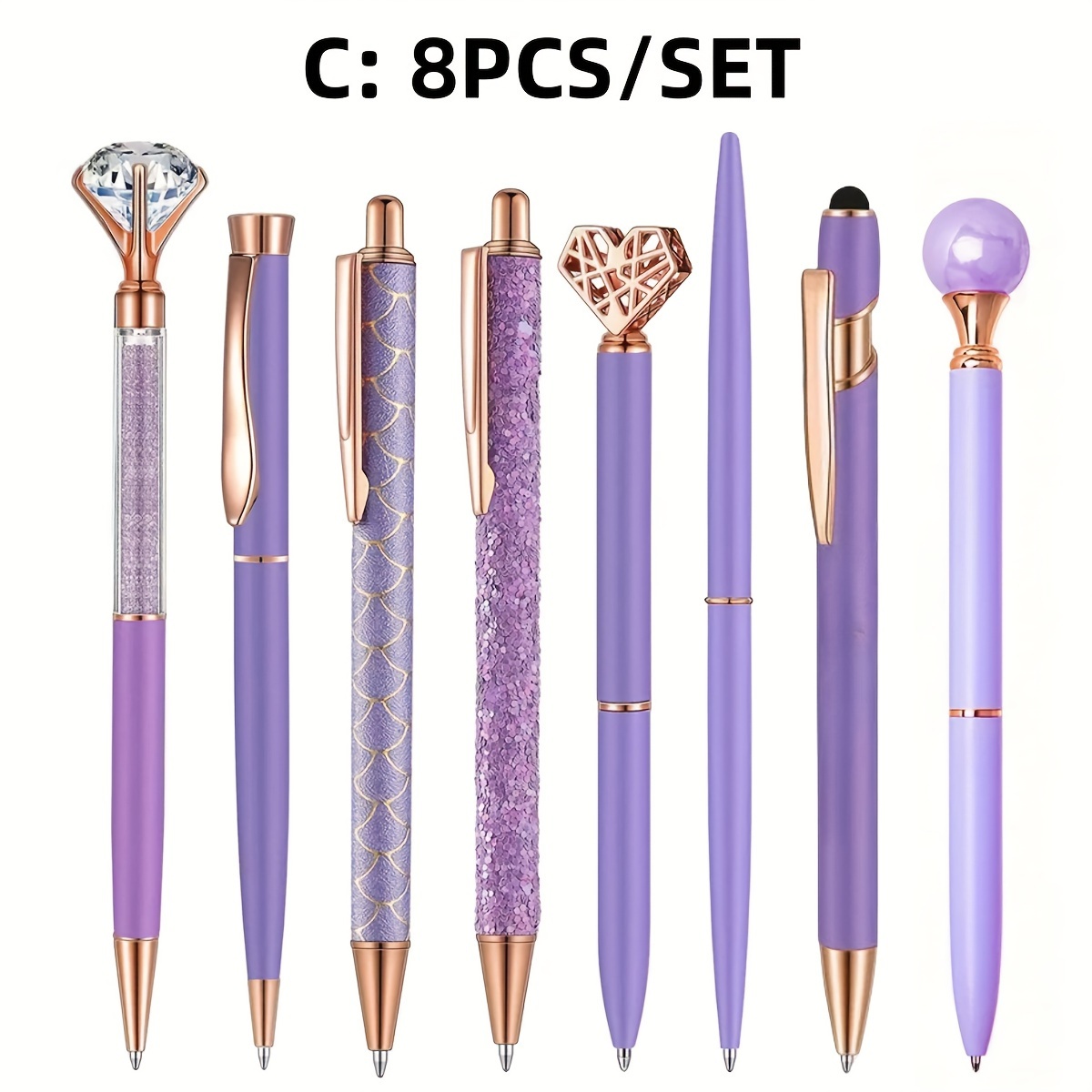 

8/9pcs Blue/pink/red/purple/white/black Vibrant Rhinestone Ballpoint Pen Set-quicksand Glitter Metal Accents, Wedding Table Supplies, And Writing Essential