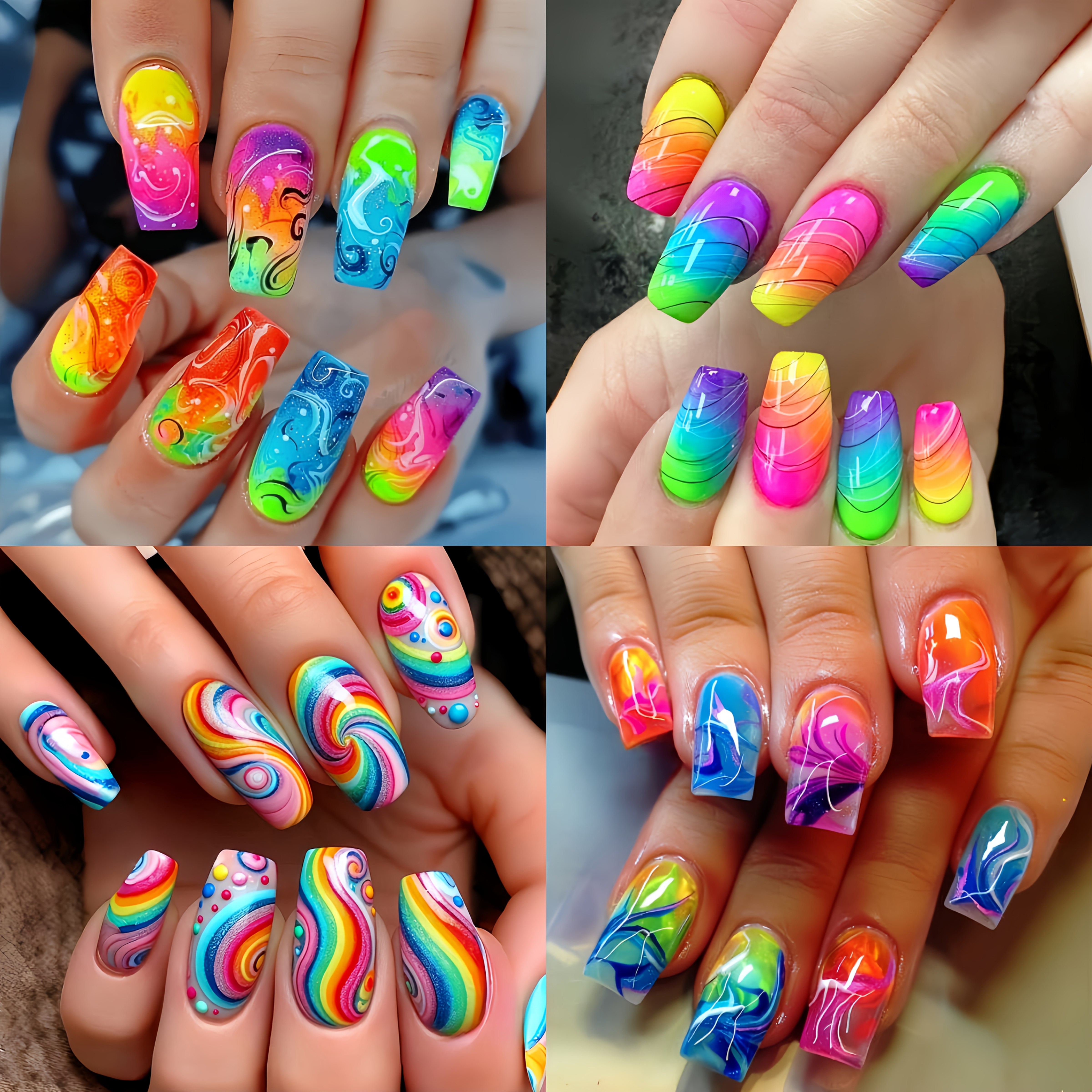 Image of 96pcs Nail Sticker Set Spring Summer New Colorful Striped Ombre Patterns Nail Stickers Sparkling Multicolor Mixed Nail Stickers Medium Length Ballerina Shape Fake Nails Beautiful Nail Art Set