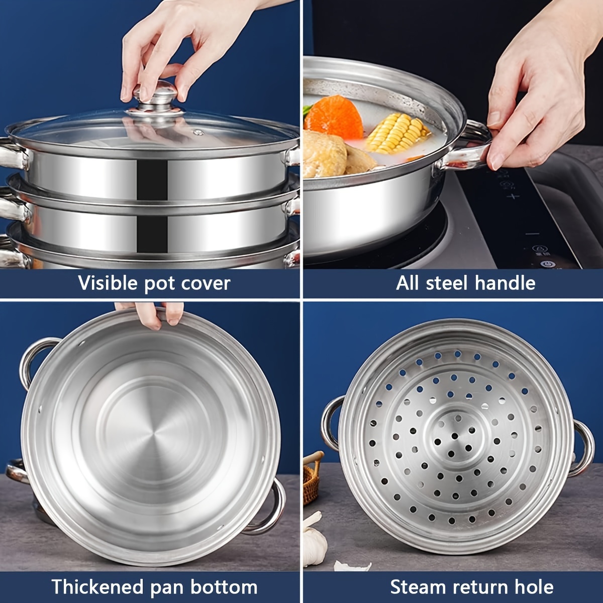 1 set stainless steel multi layer cookware non stick finish   with bakelite handles and   glass lid   stackable kitchen pots and pans set details 6