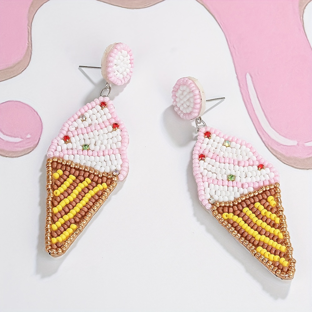 A Pair Of Cream Cone Earrings, Handmade With Seed Beads, For Women
