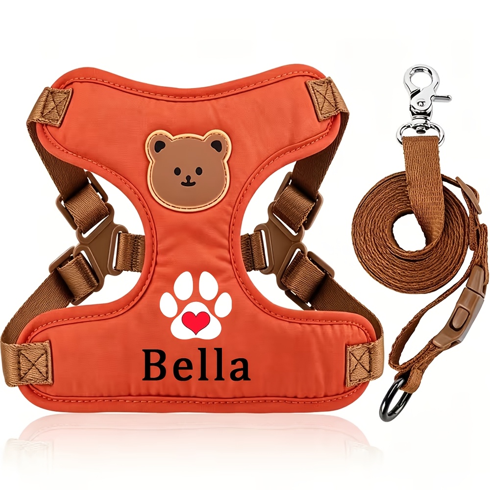 TEMU [customizable Name] Personalized Dog Harness And Leash Set | Anti-choke Protective Lightweight Breathable | Cute Paw Print | Suitable For ,