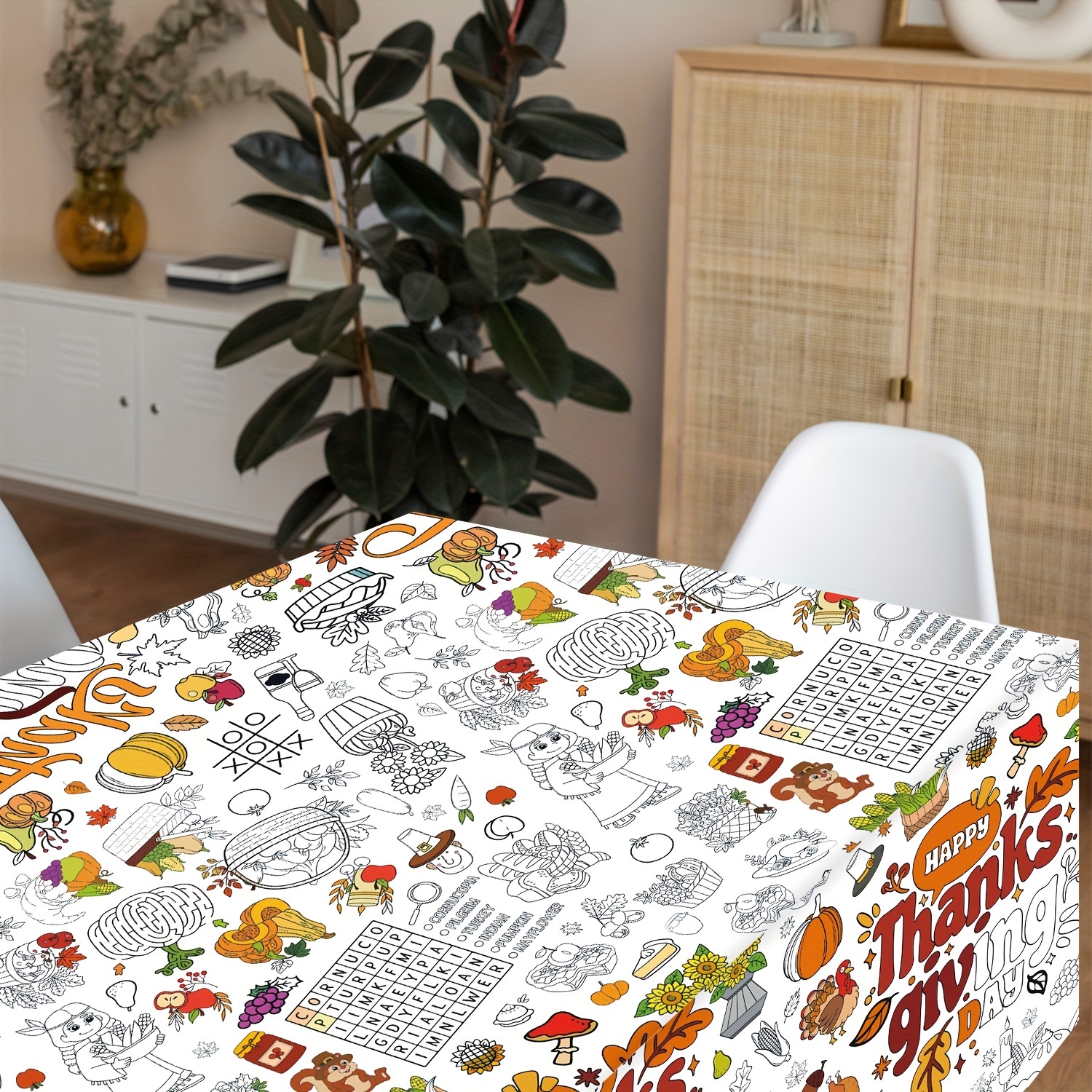 

Thanksgiving Diy Paint-your-own Tablecloth - 47.2" X " Rectangular, Reusable Plastic Table Cover With Maple Leaf & Pumpkin Design, Autumn Home Decor &