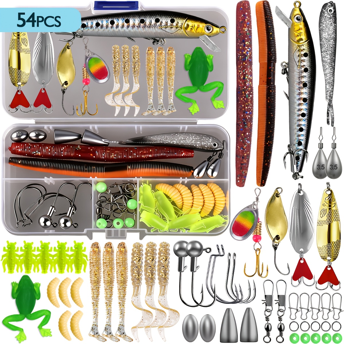 TEMU Kit Esche da Pesca 54/94/134 pezzi con Scatola da Pesca , Kit da Pesca con , , Esche Morbide, Ami e Aggiuntivi, Kit Esche per , Walleye e Trota