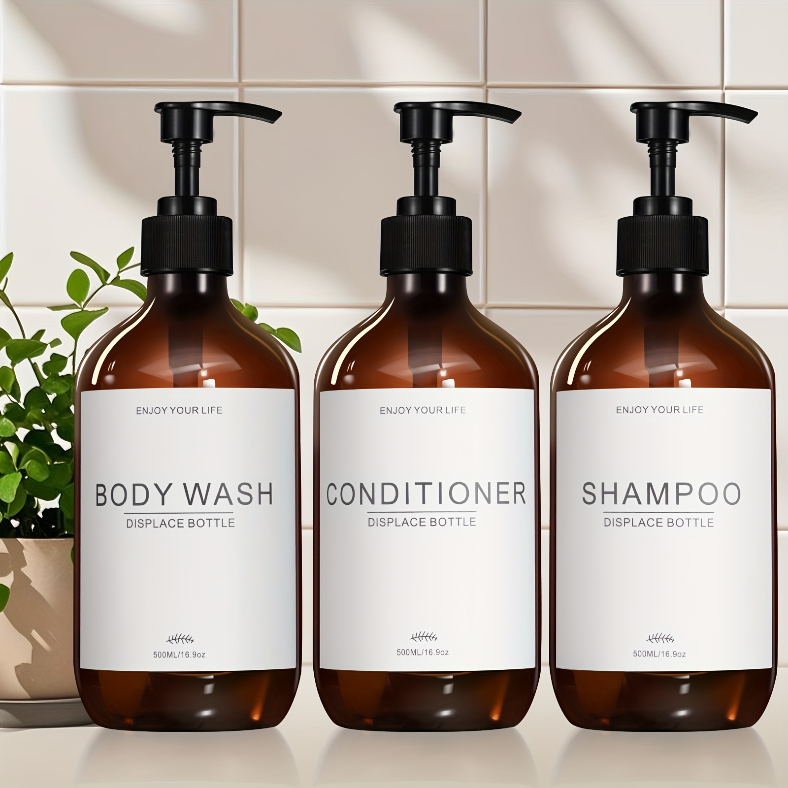 Stylish Shampoo And Conditioner Dispenser Set Of 3 - Modern 17oz Shower Soap Bottles With Labels - Easy Refill Body Wash Dispensers For An Instant Bathroom Decor Upgrade