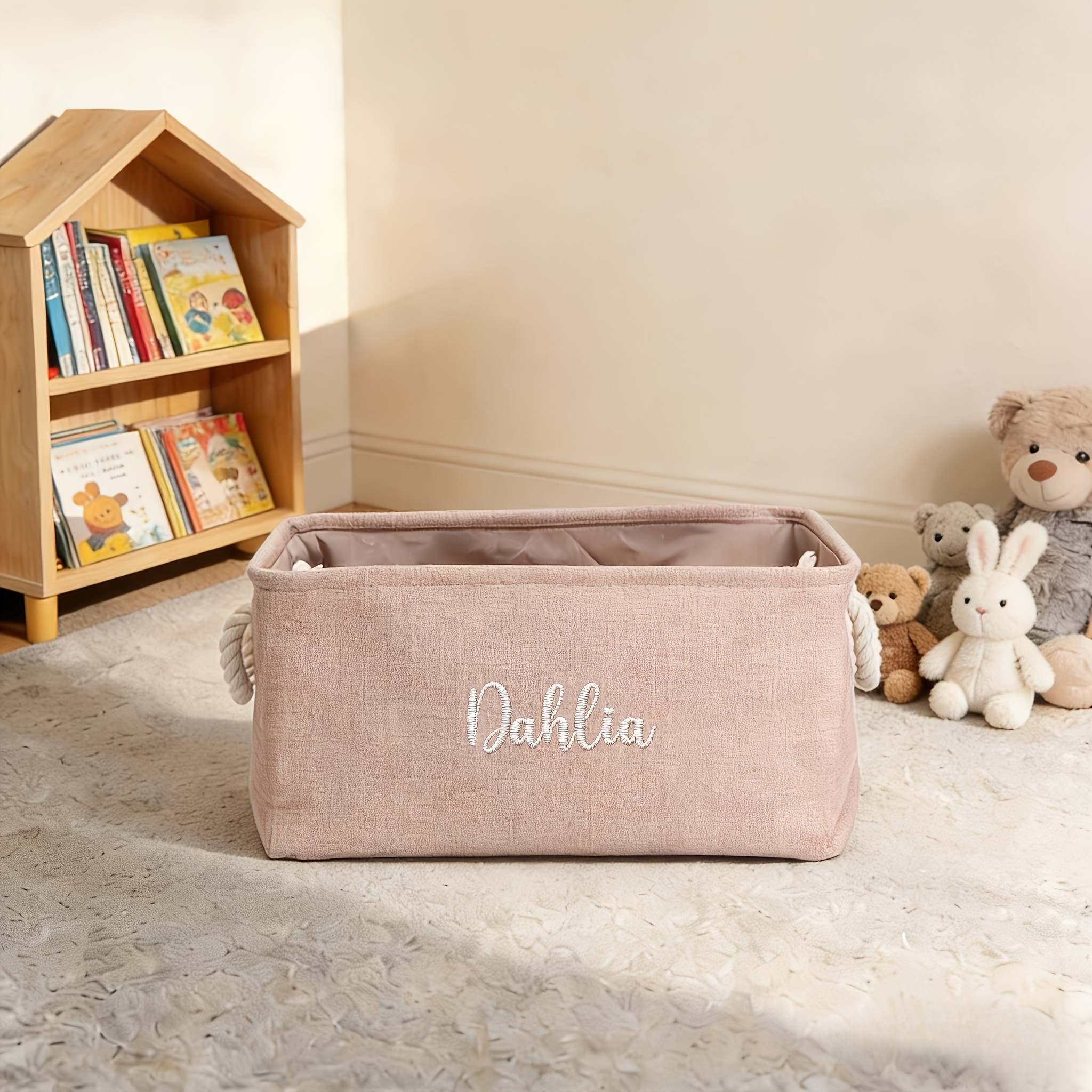TEMU 1 Personalized Storage Basket | Foldable Linen Storage Bin, Custom Name Design, Embroidered, Solution, Rectangular, , Under-bed Storage