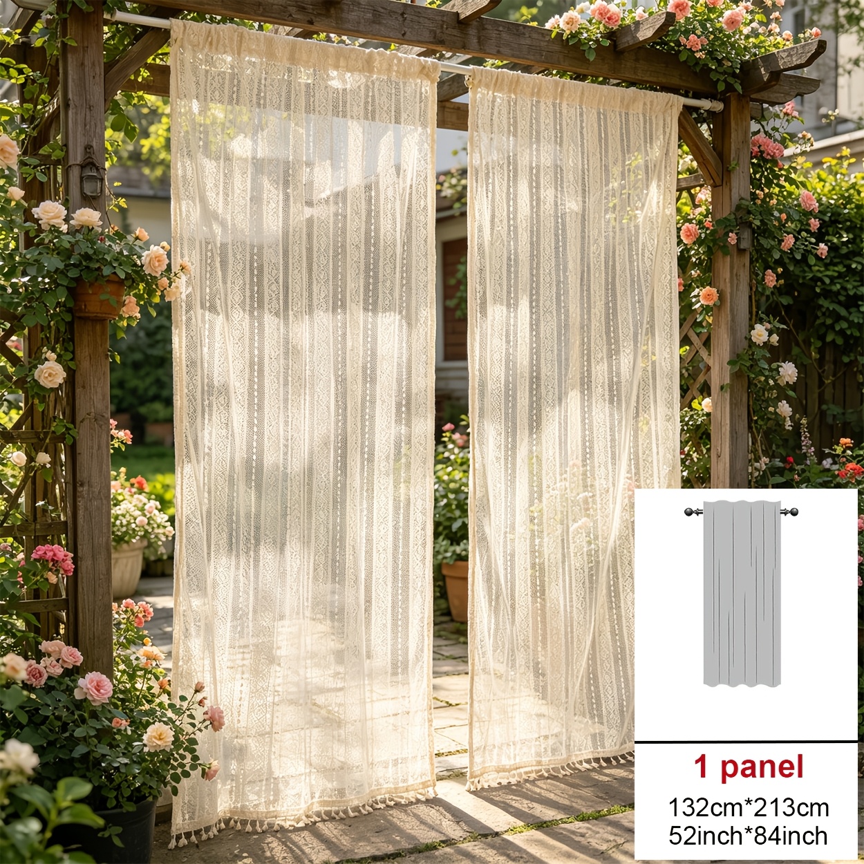 TEMU 1 rideau transparent bohème , tissu léger et respirant avec dessus de rideau en dentelle à pompons, style bohème tendance, filtration de ,