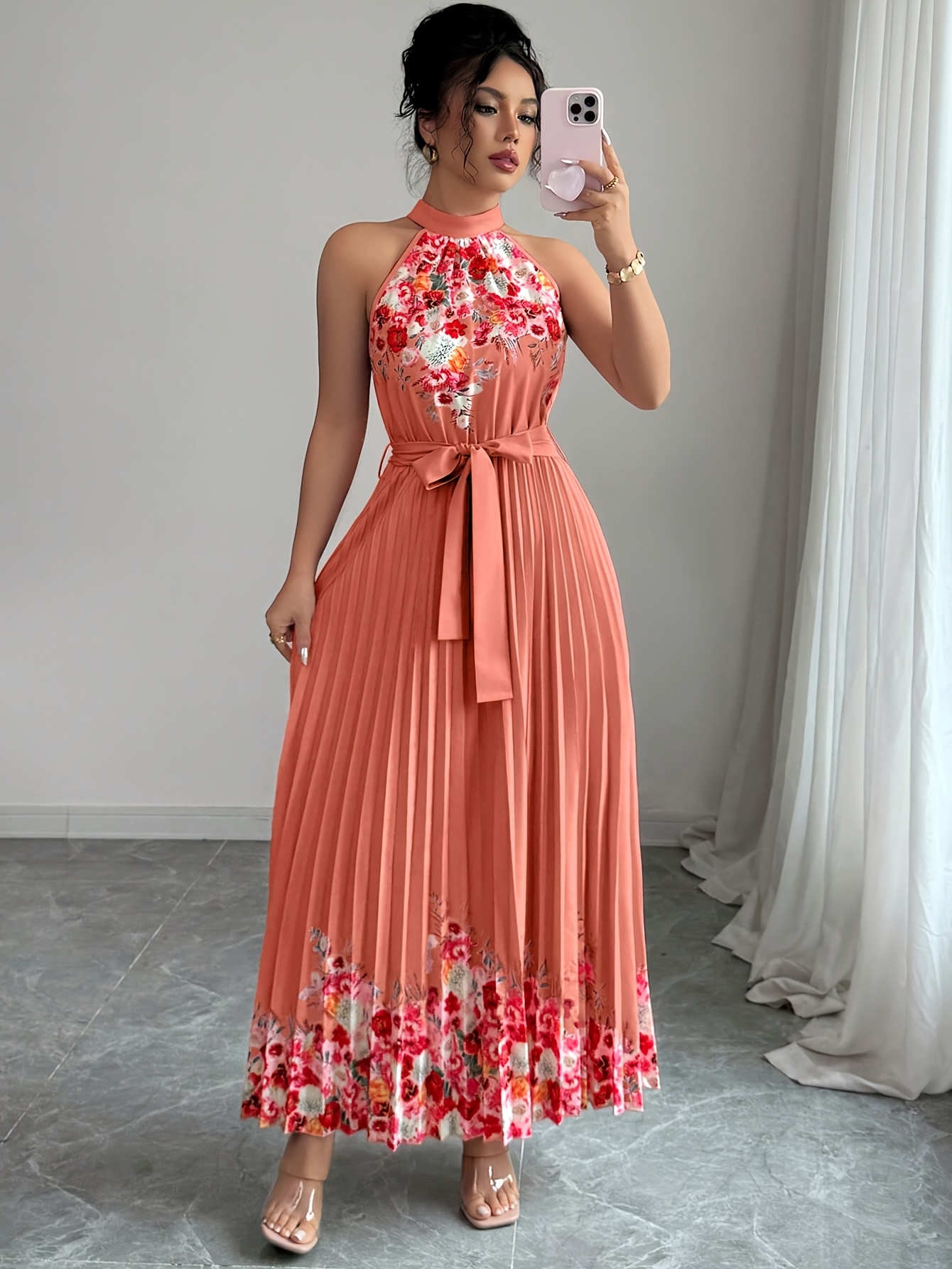 Fashionable New Women'S Summer Halter Floral Print Pleated Dress