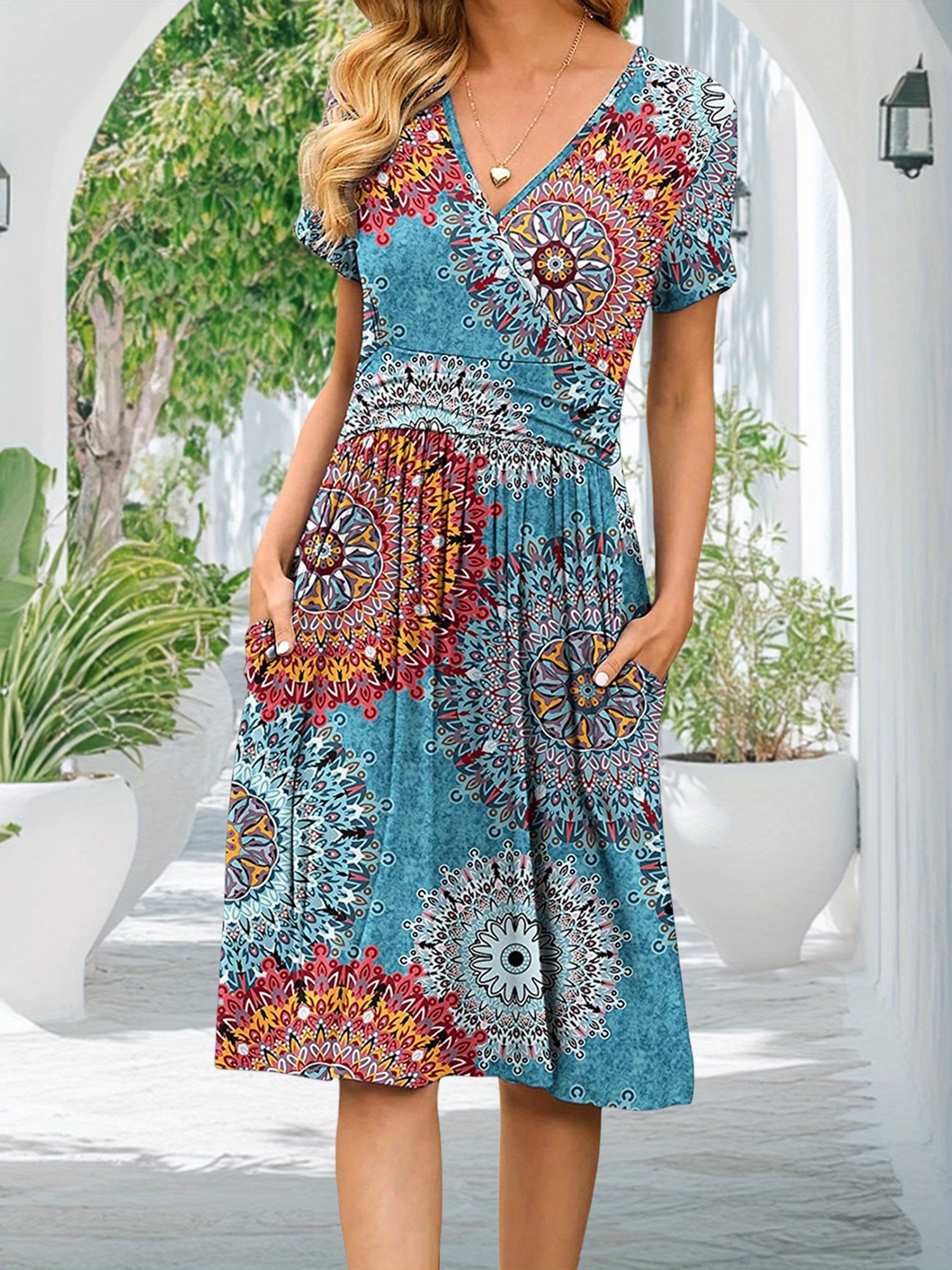 women's summer casual dress v-neck short sleeve flowy high waist midi dress  with tiered hem elastic waist - women's clothing - Temu