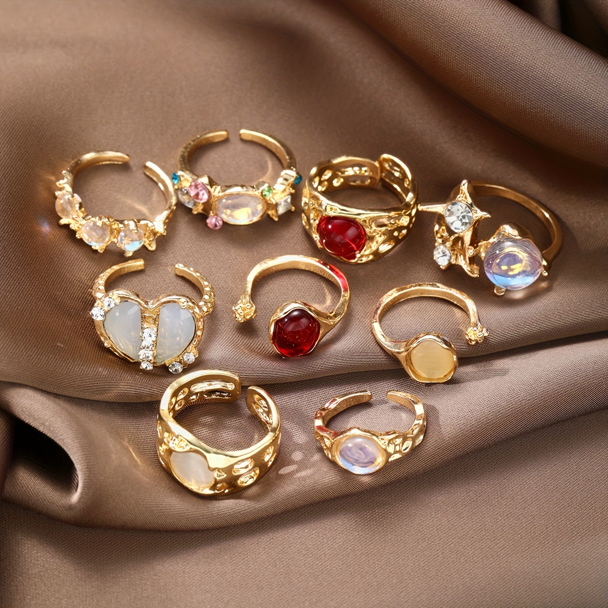 

9pc Inlaid Shiny Rhinestone Open Ring Set Adjustable Finger Ring Jewelry Decoration Zinc Alloy