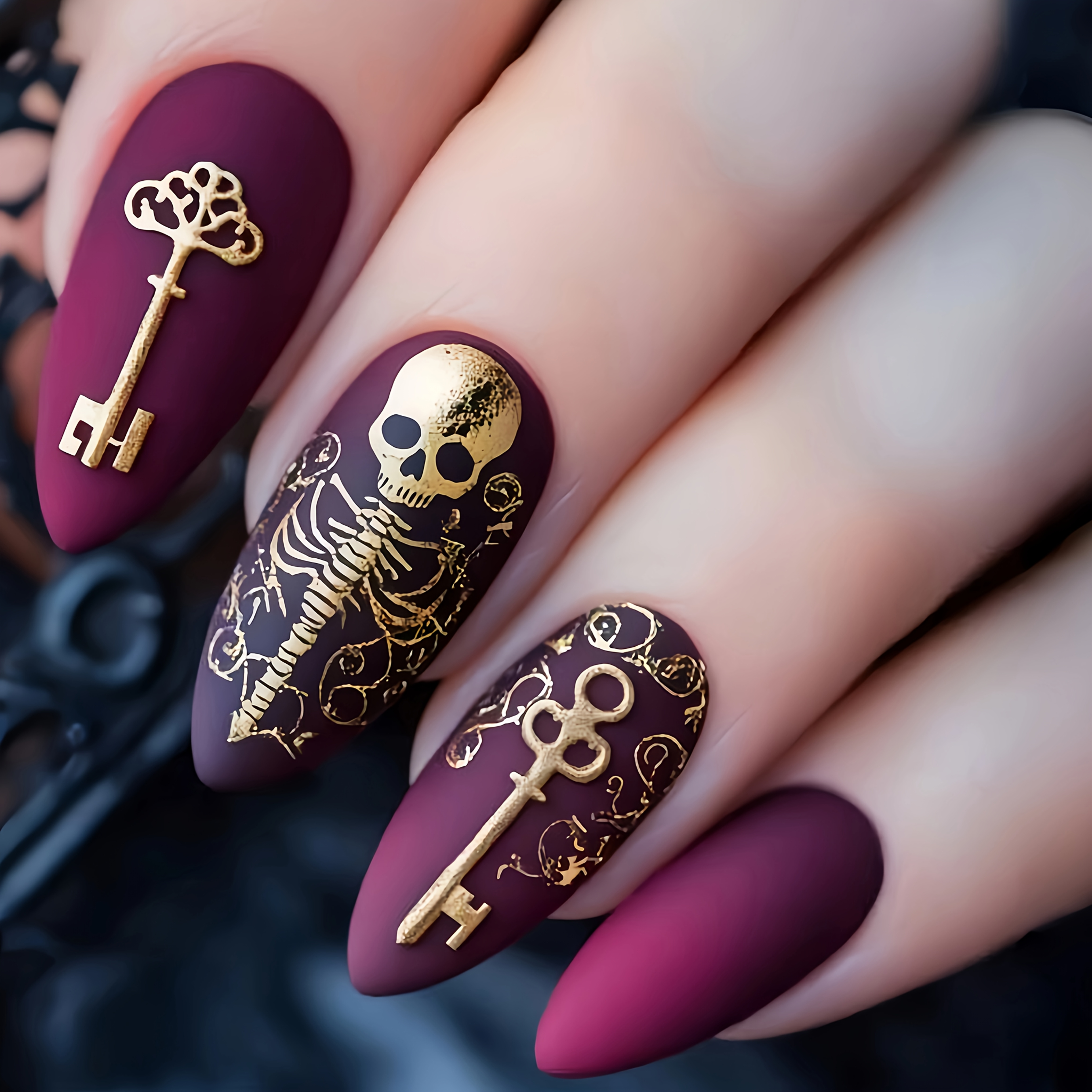 TEMU Mid-length Almond Nail Halloween False Key Pattern Nail Detachable 24pcs Purple Halloween Nail Nail