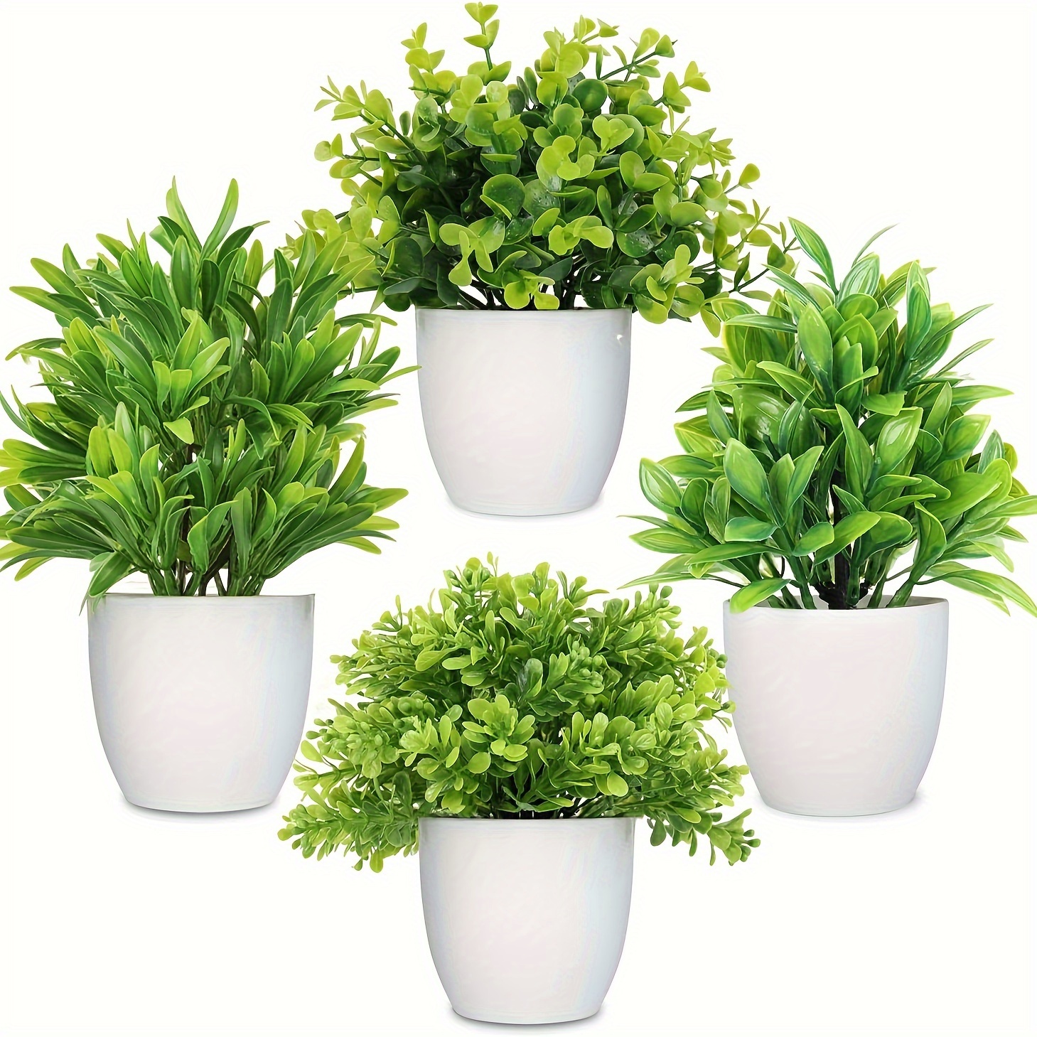 

4 Pack Artificial Eucalyptus Potted Plants, Faux Decorative Grass Plant With White Plastic Pot Suitable For Home Decor, Indoor, Office, Desk, Table Decoration