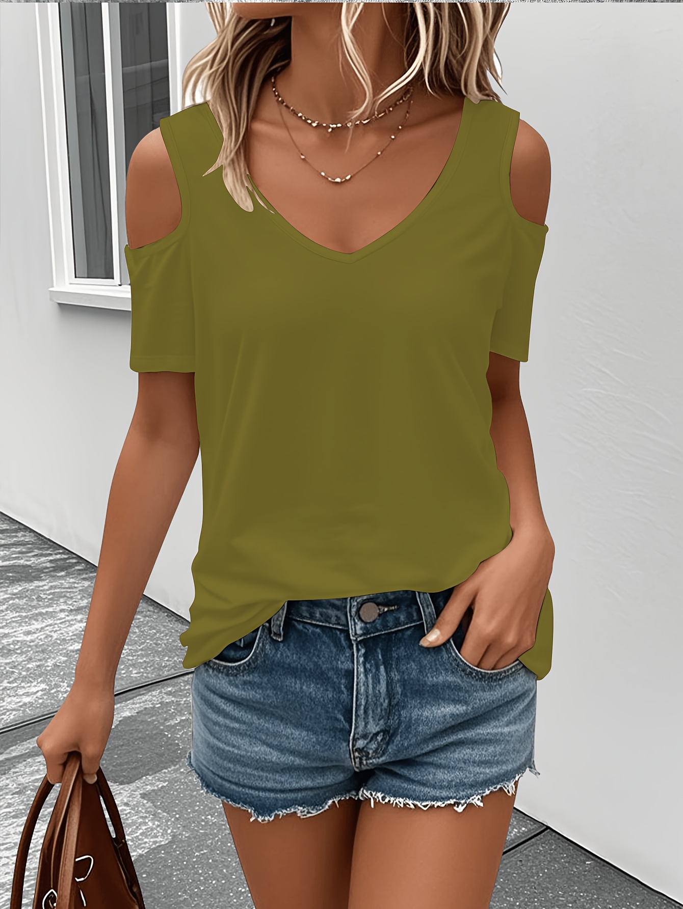 womens solid   shoulder v neck short sleeve t shirt casual   summer top