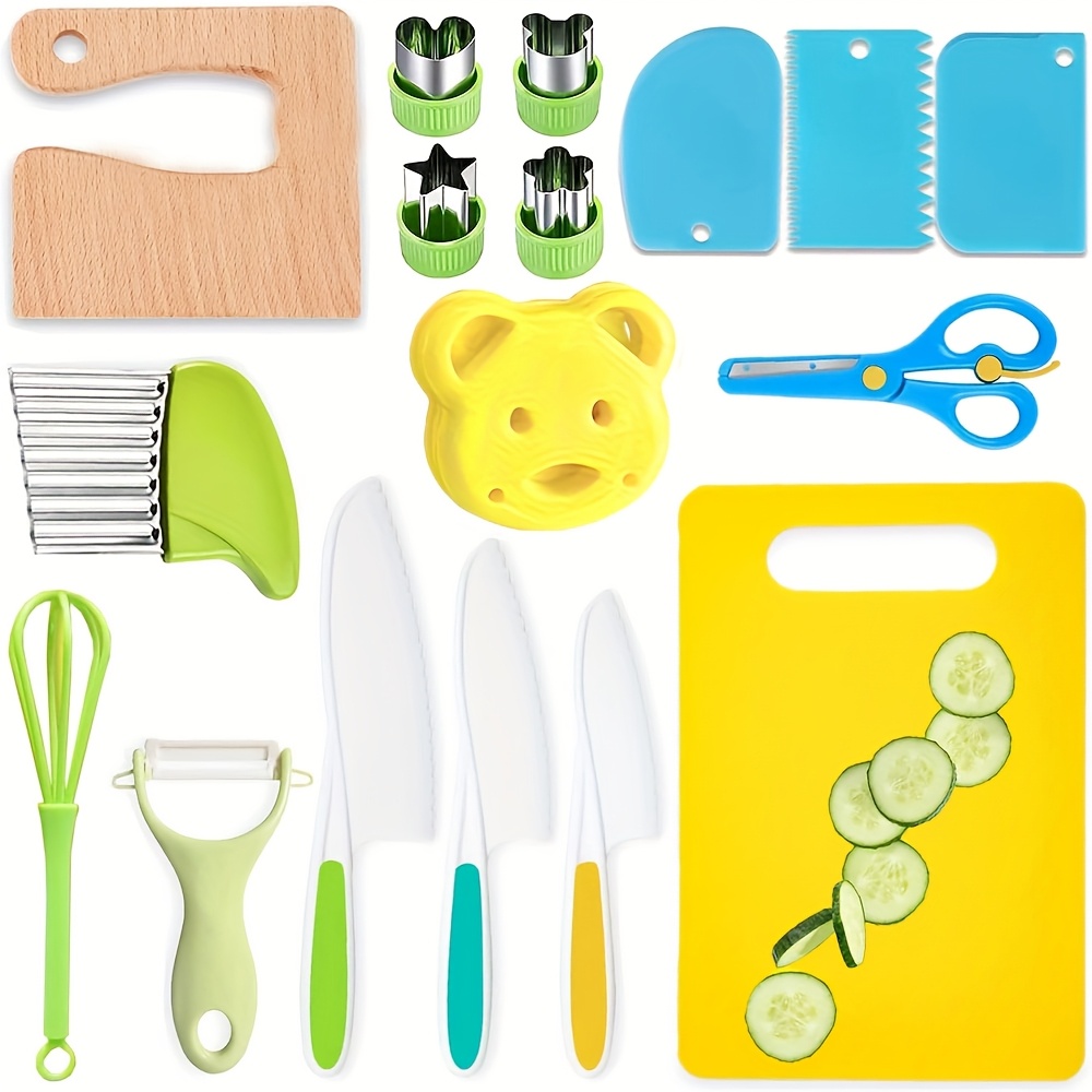 Image of Kitchen Set, For Real Cooking Tools, Set, Includes Plastic And Wood Set, Crinkle Cutter, Sandwich Cutters, Peeler, Cutting Board For Birthday Gift