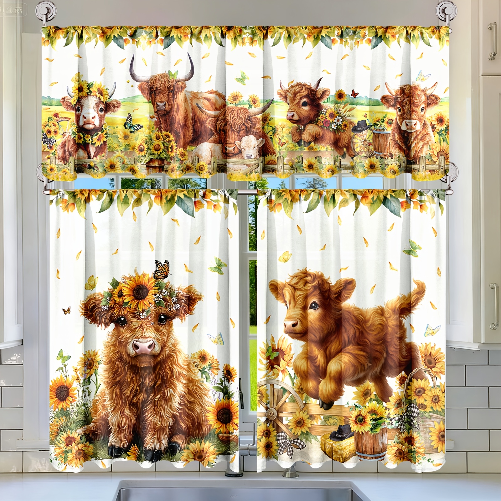 TEMU 3pcs Curtain Set - Christmas Cow Kitchen Curtains - Curtain And Short Curtain Combination - Suitable For Window Decoration - Highland Cow