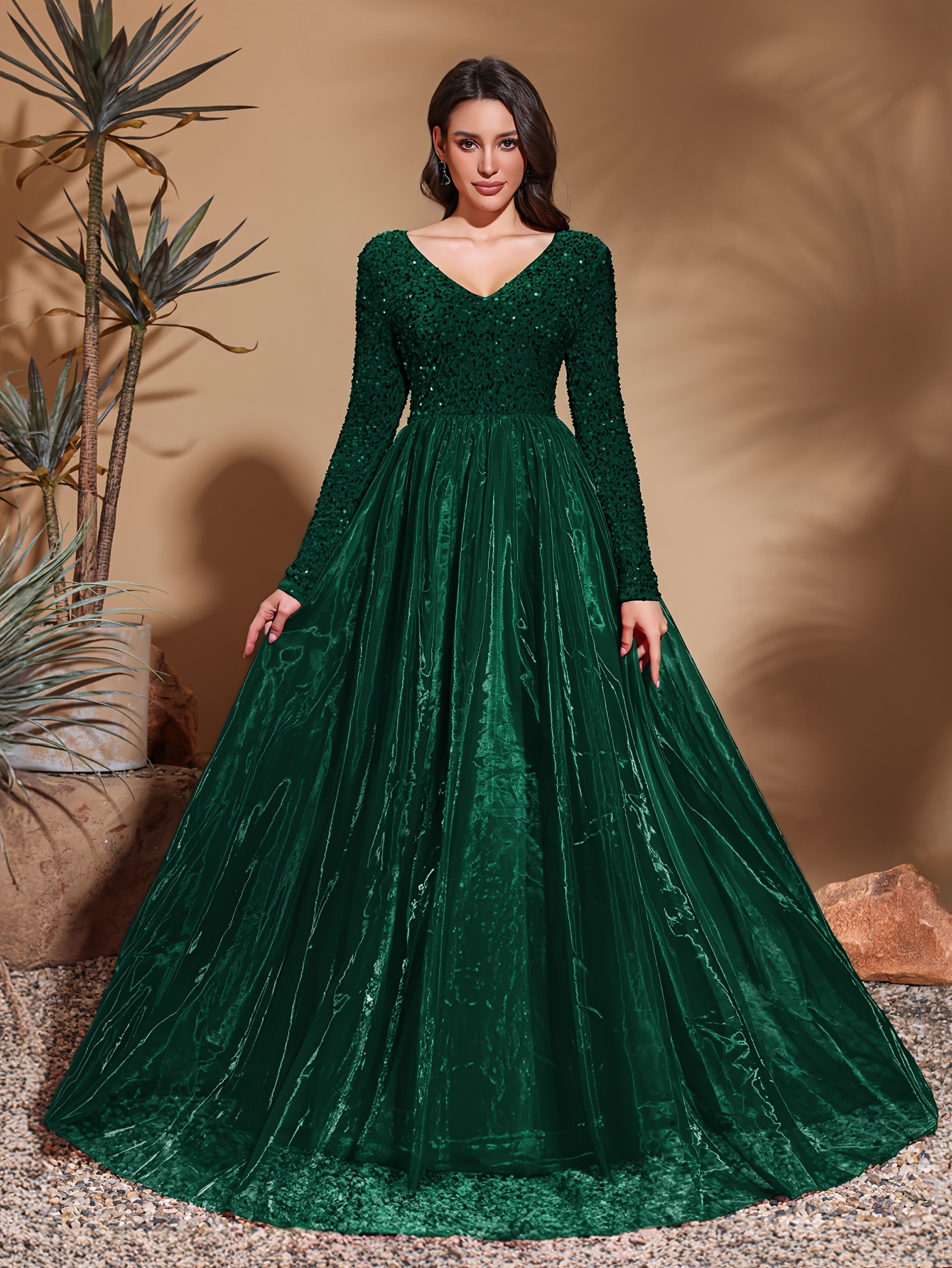 emerald green sequin v neck gown tulle skirt elegant long Temu