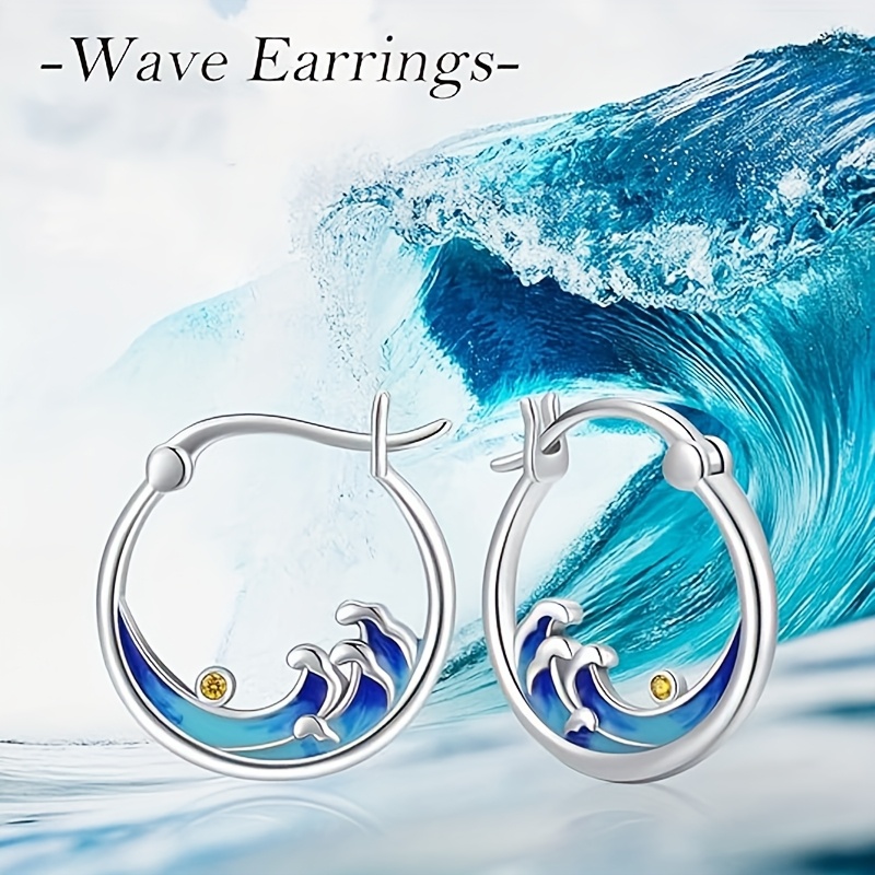 Image of A Pair Of S925 Silver Earrings For Women, Featuring An Ocean With Resin And Set With Synthetic Zirconia, Suitable For Everyday Wear And Gifting, Low Allergenic, Made Of 3 Grams Of S925 Silver