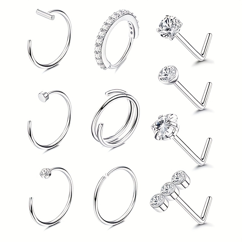Image of 10/14pcs Synthetic Synthetic Zirconia Nose Piercing Rings Stud Kit Stainless Steel Cartilage Tragus Daith Helix Piercing Earring Body Jewelry
