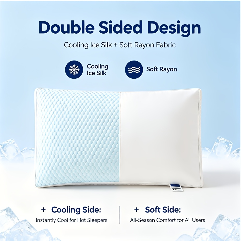 TEMU Lot de 2, Oreiller Rafraîchissant, Surface en Polyester Double Face, Oreiller de Lit Ergonomique Respirant pour Personnes Chaleureuses, Dormeurs