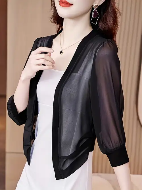 Women'S Sheer Chiffon Shrug with 3/4 Sleeves, Open Front, Cropped Cardigan for Casual Over Dresses Women'S Sheer Chiffon Shrug with 3/4 Sleeves, Open Front, Cropped Cardigan for Casual Over Dresses