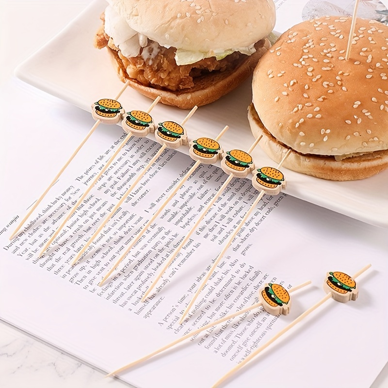 

100pcs, Disposable Bamboo Burger Skewers - Adorable Cartoon Design, Food-safe