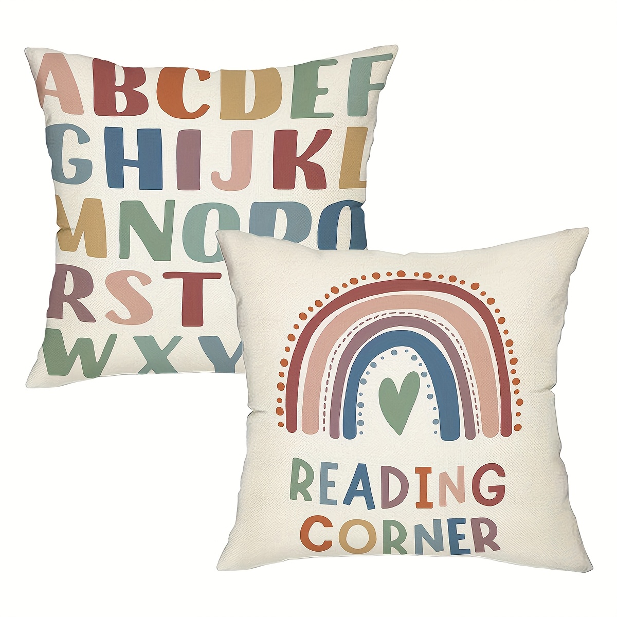 TEMU 2pcs, Bohemian Rainbow Throw Pillow Covers, Reading Corner Abc Alphabet Decor Cushion Covers, 18in*18in, Decorations For Home, For Couch Sofa Living Room Bed Room, Without Pillow Inserts