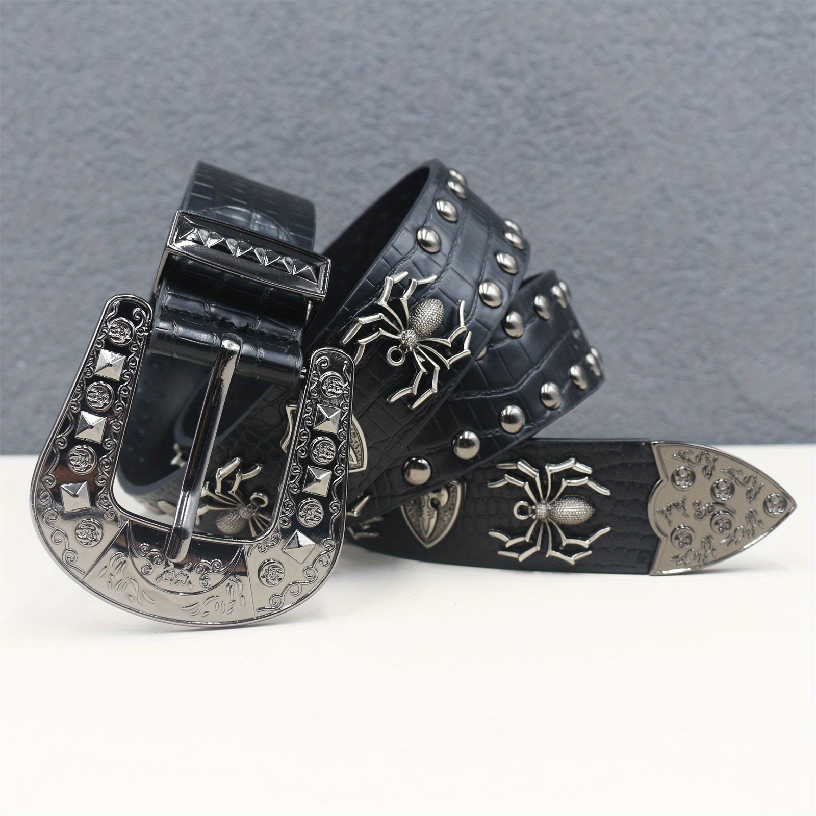 3D Spider Rivet Men Belt, Punk Style Crocodile Pattern