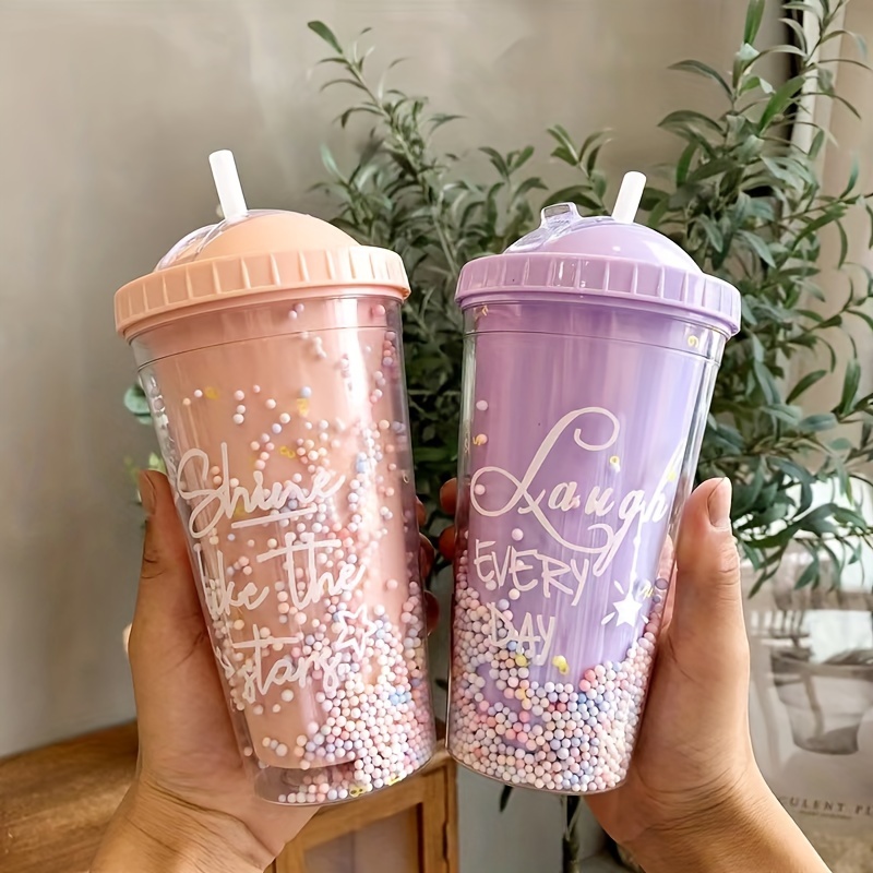 

1pc Rainbow Plastic Water Cup, Fashion 550ml Large Capacity Women's Straw Cup, Double Layer Colorful Beads Milk Tea Water Cup, Great Gift For Daughter