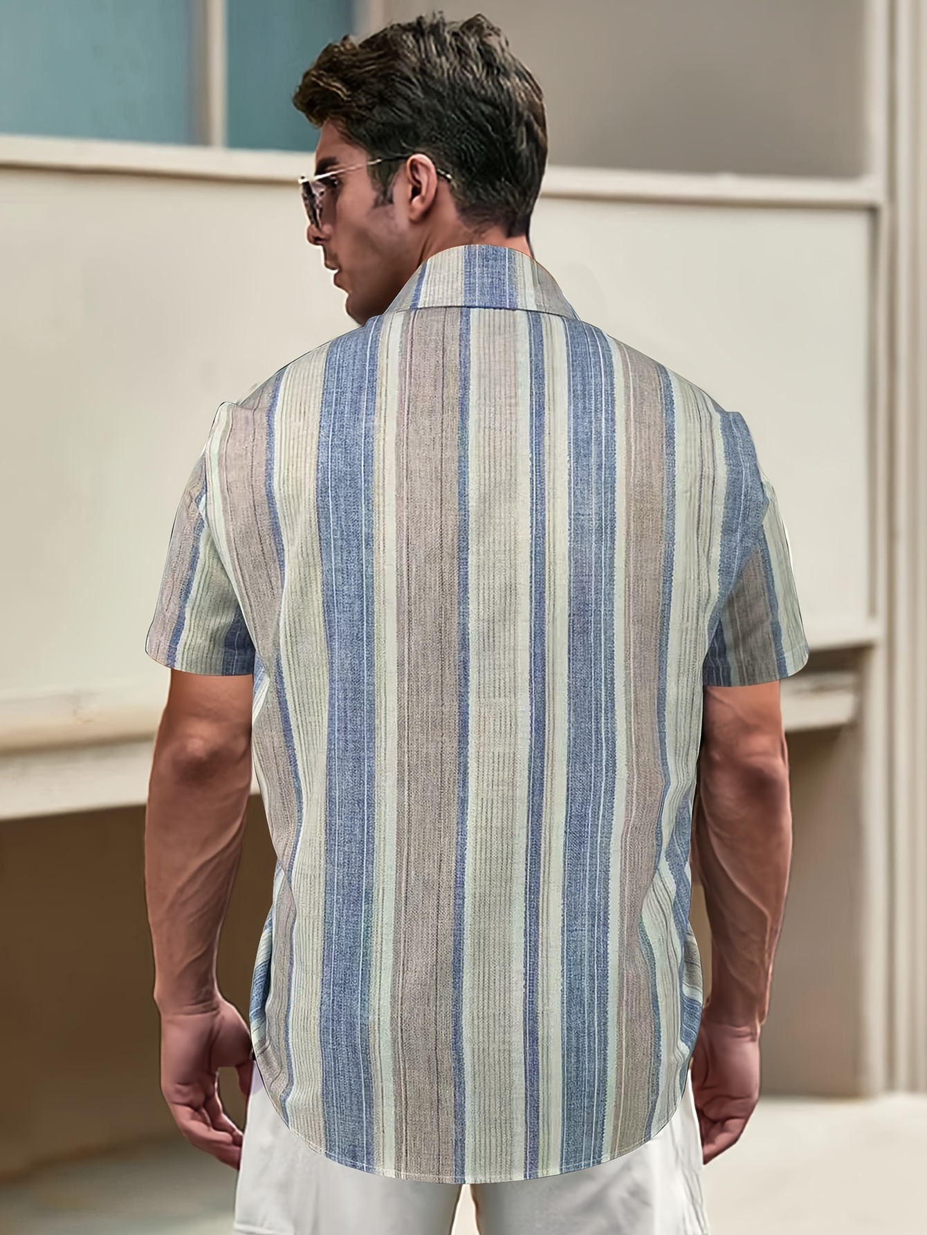 Men'S Casual Striped Short Sleeve Button-Up Shirt - Light Blue & White Vertical Stripes, Collar, Regular Fit Summer Casual Wear, Short Sleeve Button Blouses, PLUS SIZE