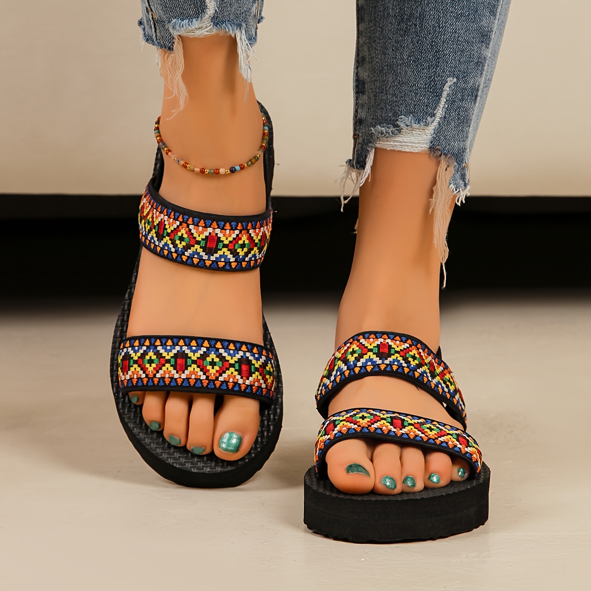 womens stylish slide sandals comfortable eva sole open toe with geometric pattern lightweight fabric straps   beach casual   indoor use   Product details 5