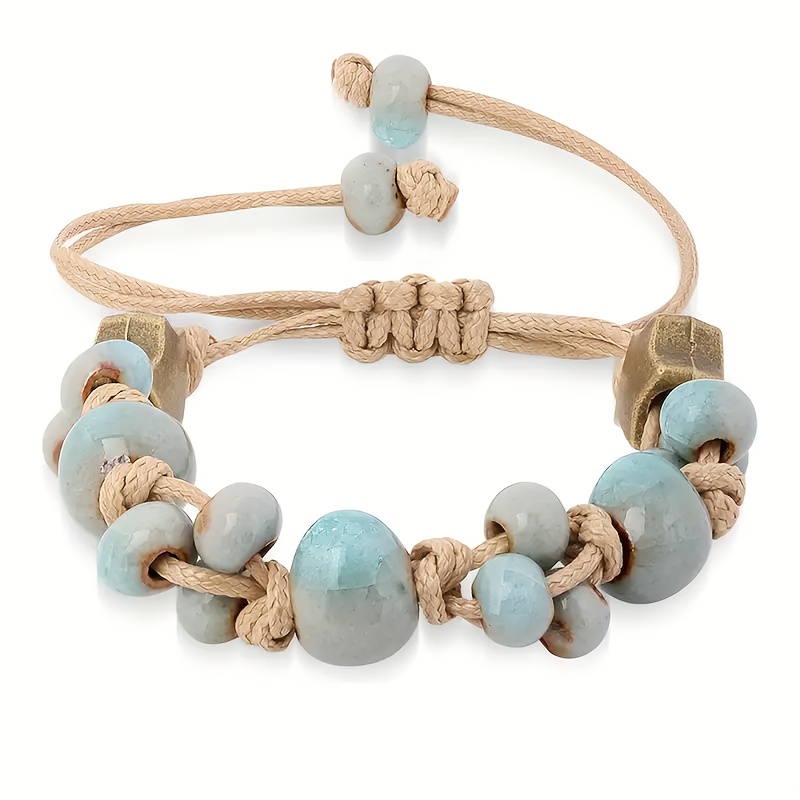 E-shop 1 Stück Handgefertigtes Boho-Armband für Damen – Grüne Perlen & Erdtöne, Geflochtene Schnur-Design, Alltags- und Party-Schmuck, Ideales Geschenk